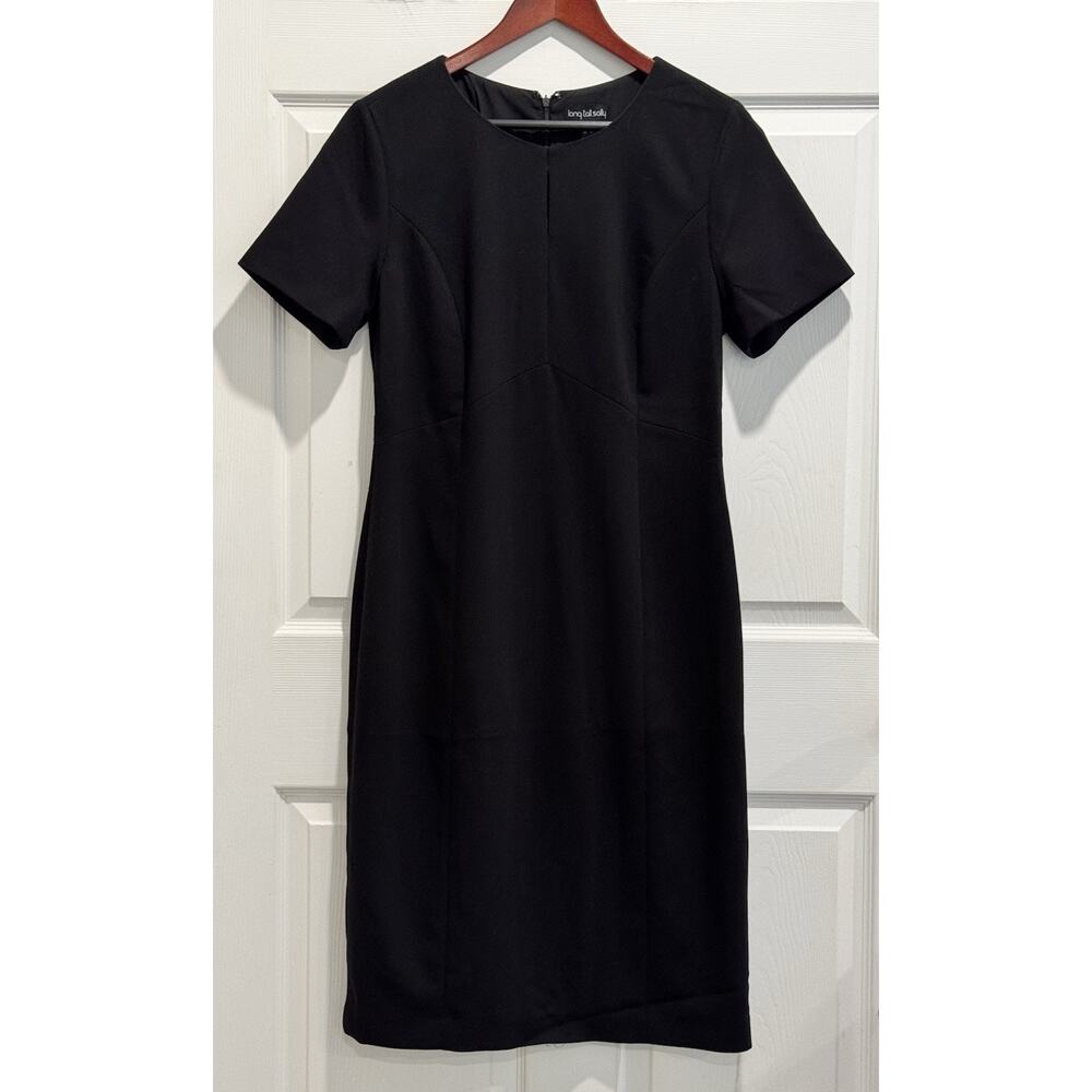 Long Tall Sally Black Textured Sheath Dress Sz 10 Short Sleeve Lined Knee Length
